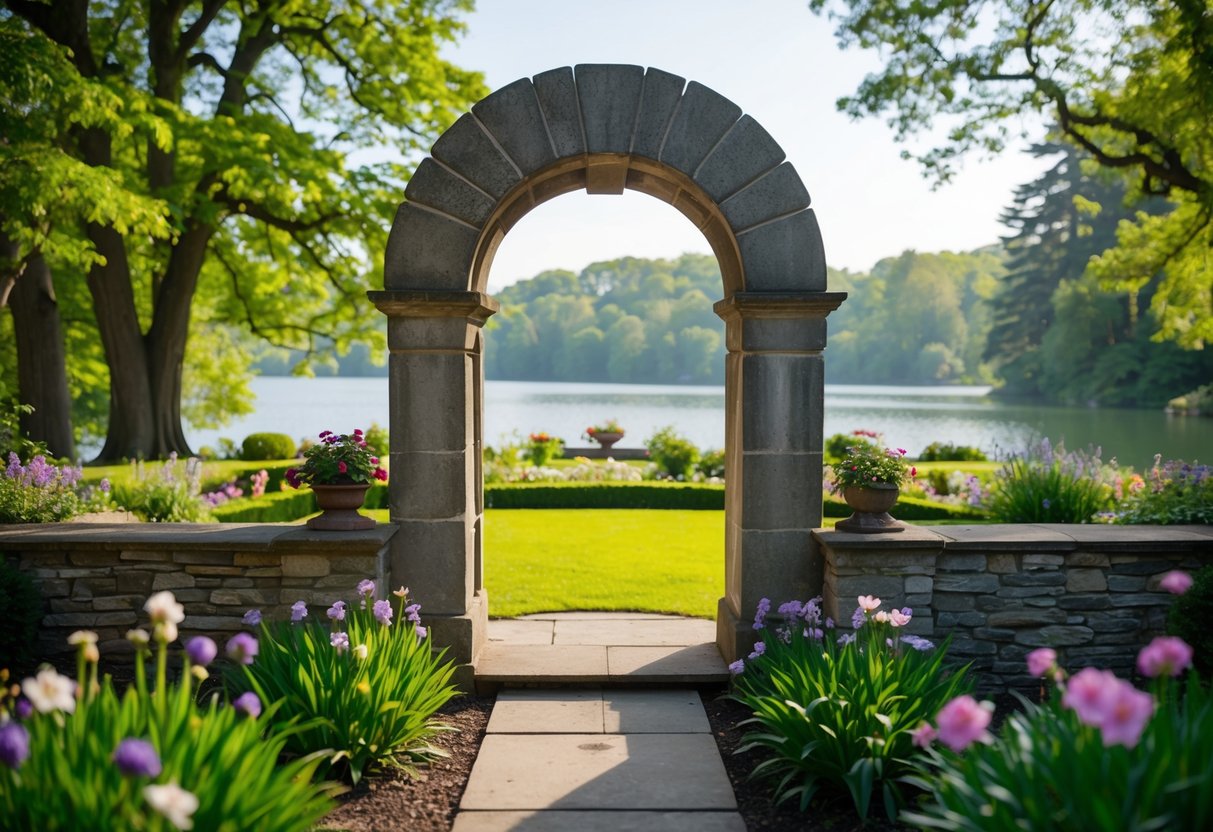 A picturesque garden with a stone archway and blooming flowers, framed by a serene lake and towering trees
