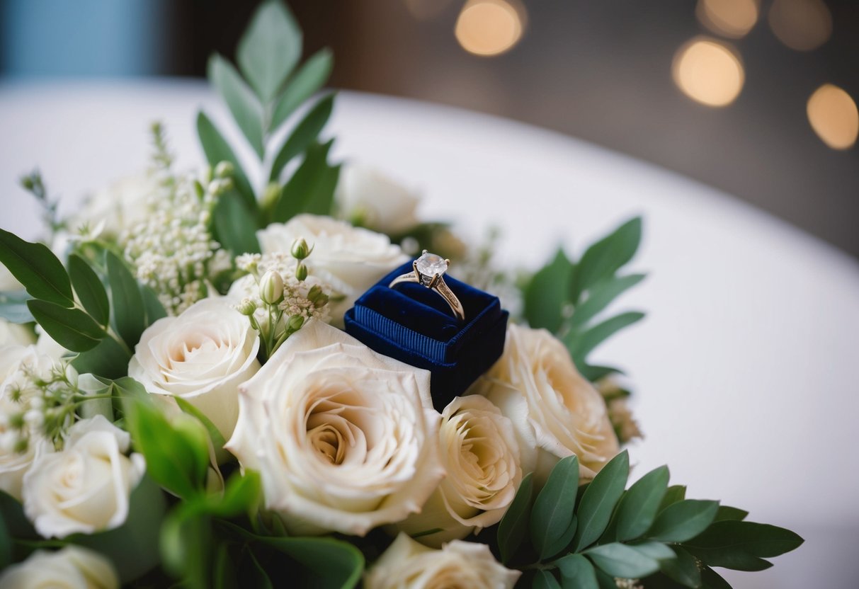 A delicate ring box nestled in the folds of the bride's bouquet