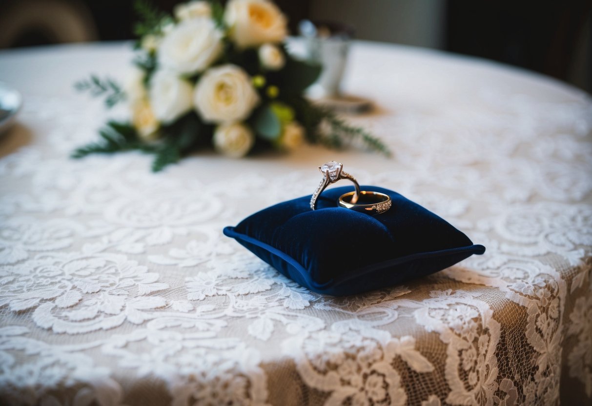 A small velvet pillow holds two wedding rings, one for the bride and one for the groom, resting on a table draped with white lace