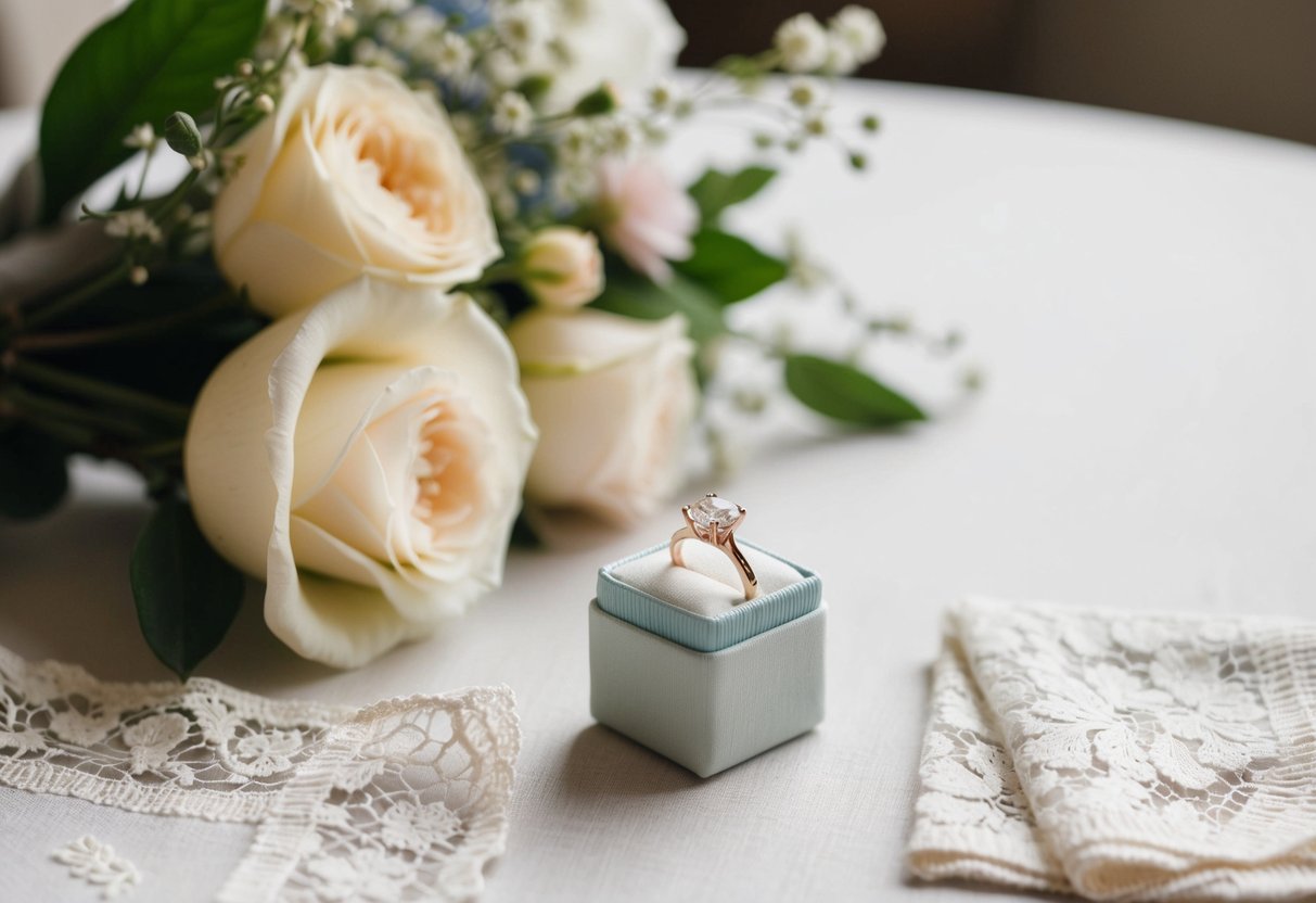 A small, delicate ring box sits on a table next to a bouquet of flowers and a lace handkerchief