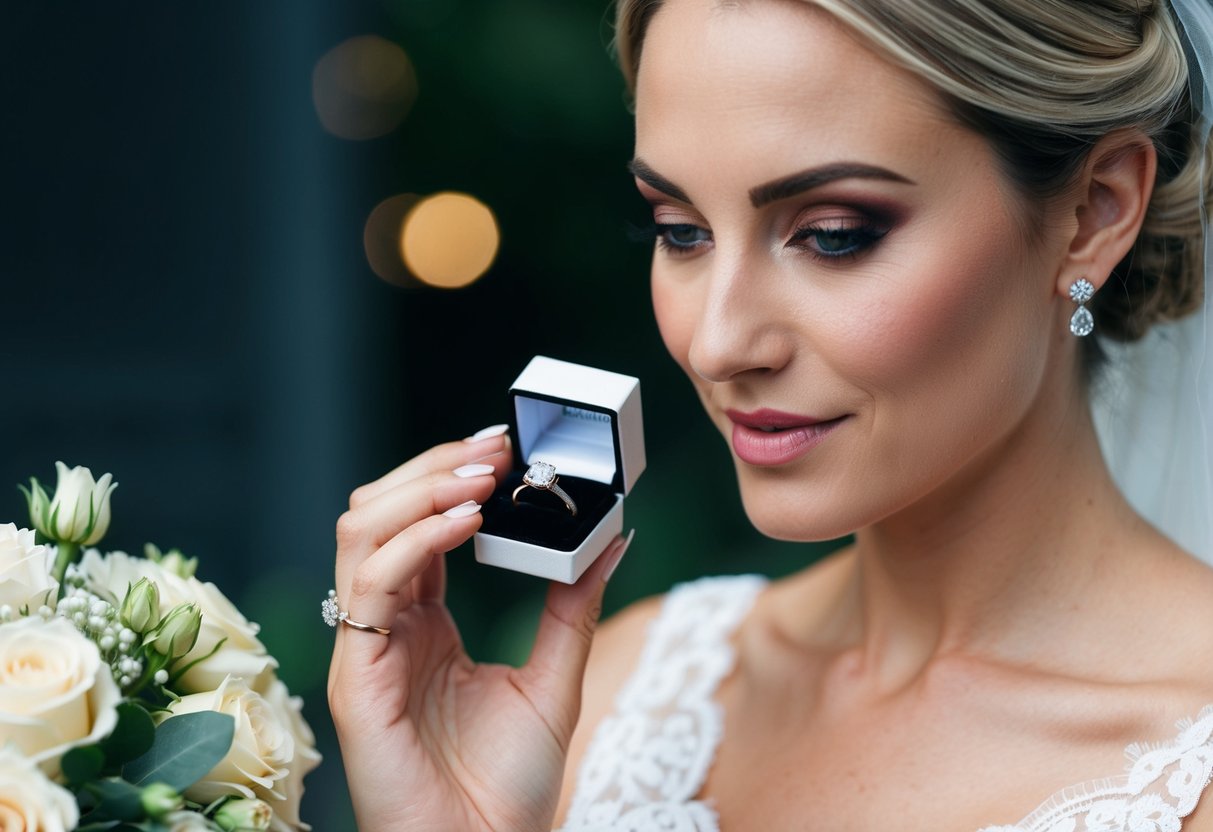 A bride holds a small, elegant box containing the groom's ring, while admiring her own ring on her finger