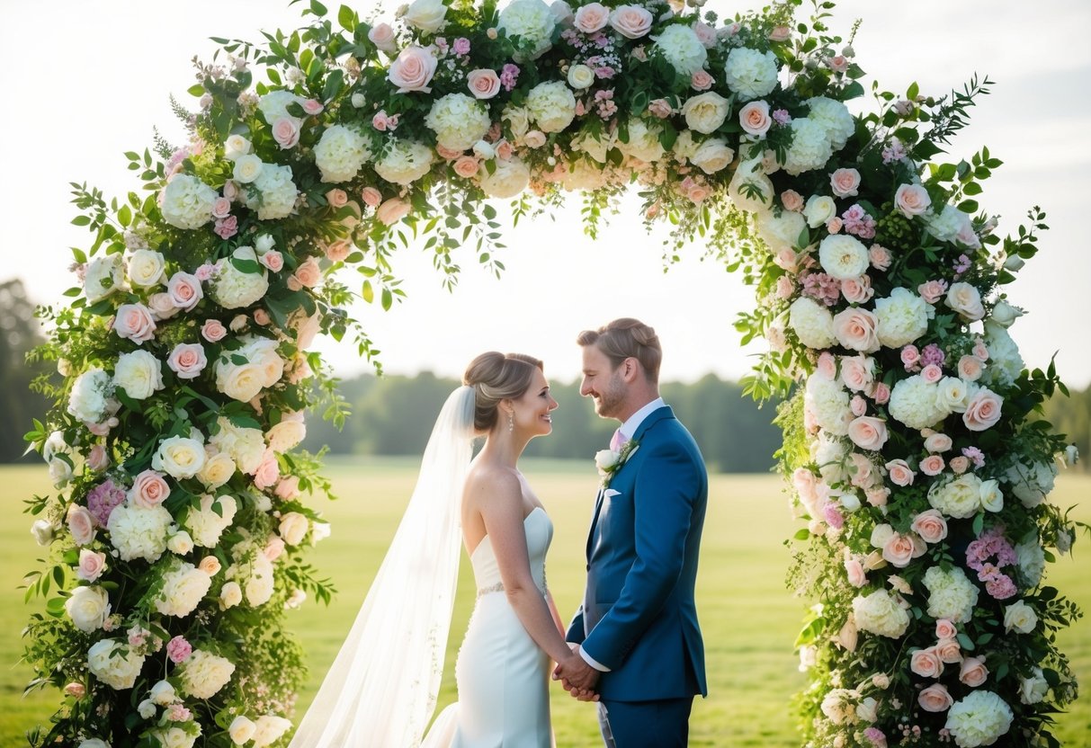 A bride and groom stand beneath a floral arch in hues of white, symbolizing purity, and pink, representing love and romance