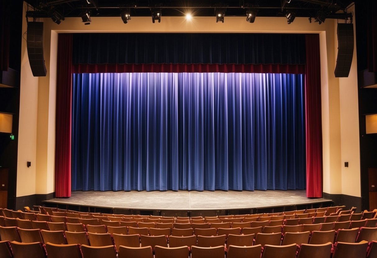 A theater stage with a standard-sized backdrop hanging behind it, set for a performance