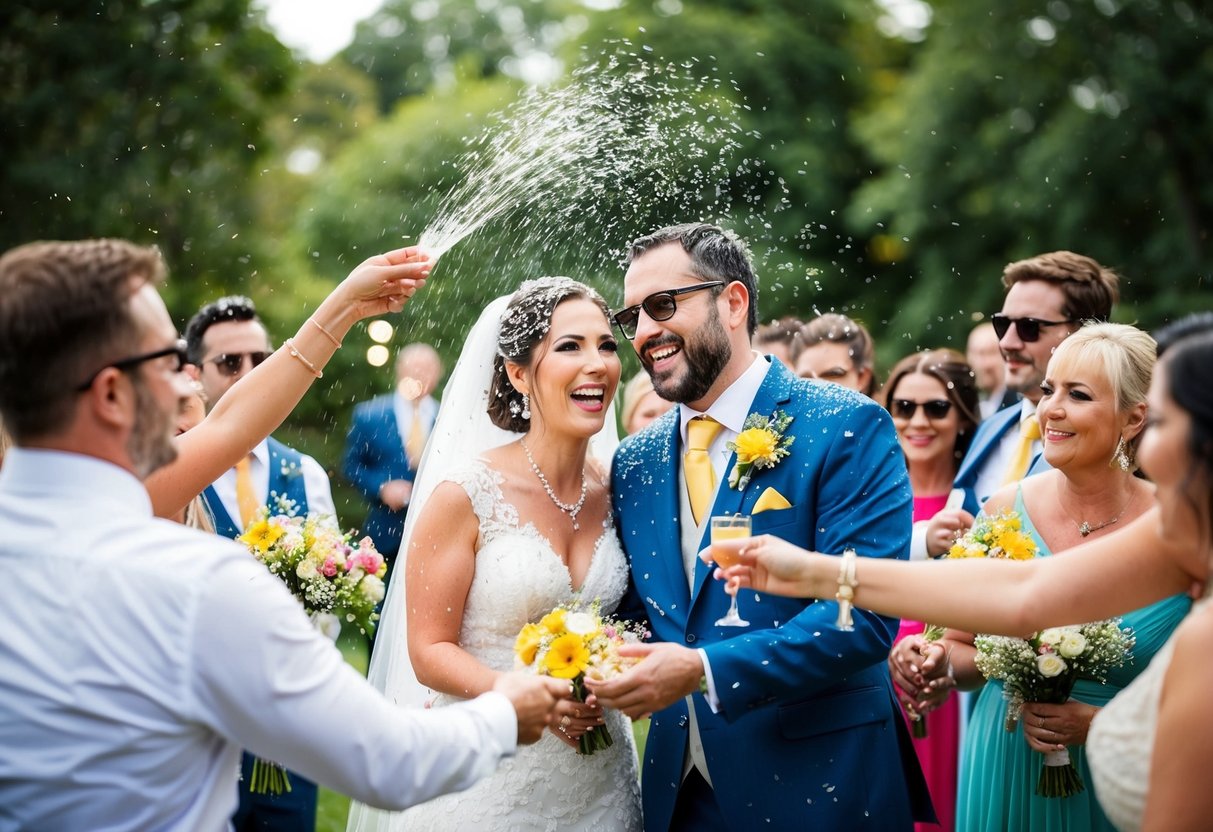 Guests shower bride and groom with rice, flowers, and coins for good luck