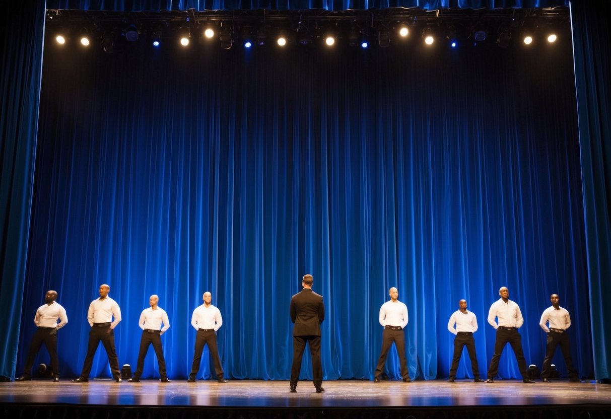 A 20-foot wide and 10-foot tall stage backdrop made of durable, wrinkle-resistant fabric hangs behind the performers. The material is a deep, rich blue color, providing a striking contrast to the stage