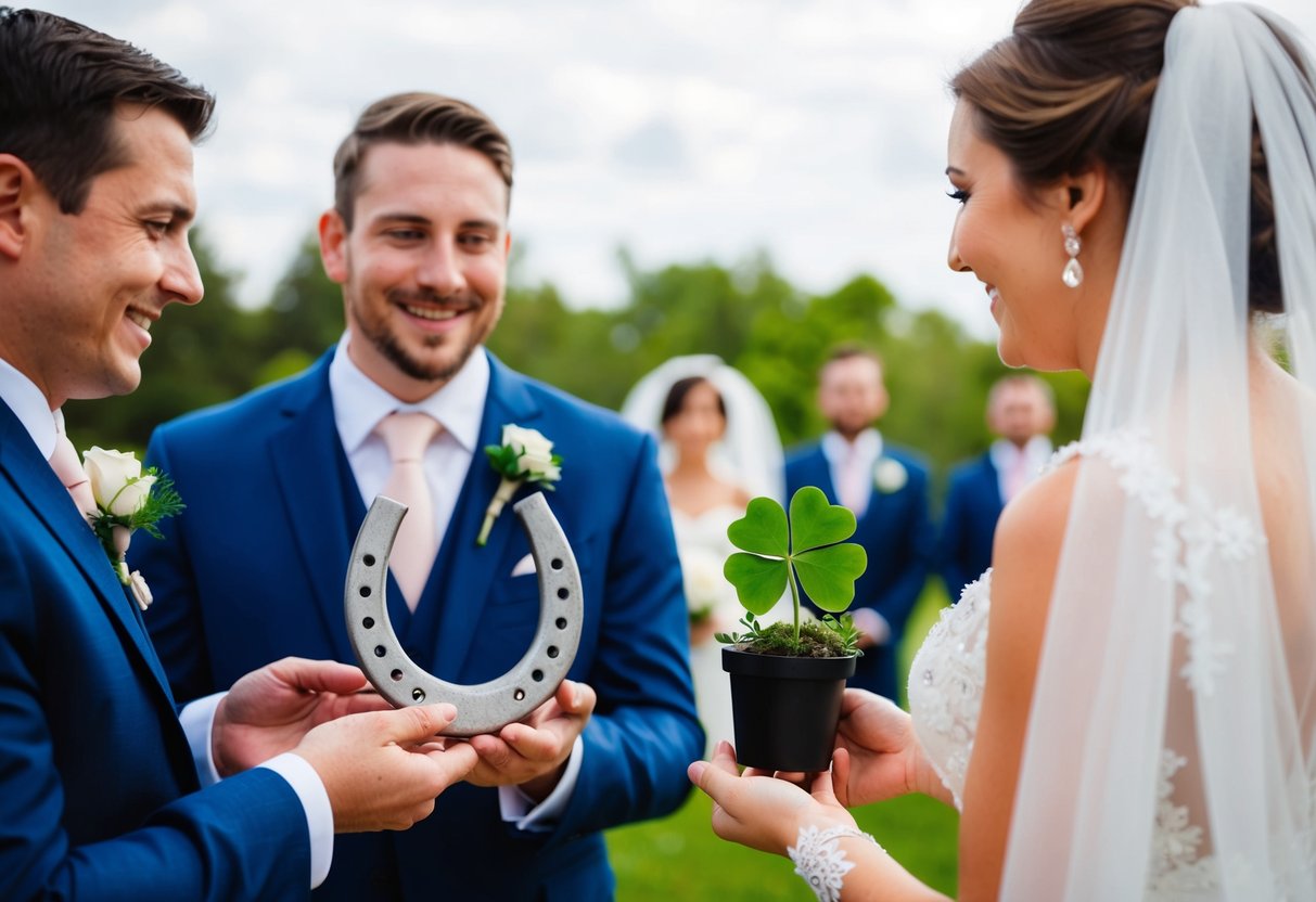 A bride and groom receive symbolic gifts of good luck: a horseshoe, a four-leaf clover, and a small potted plant