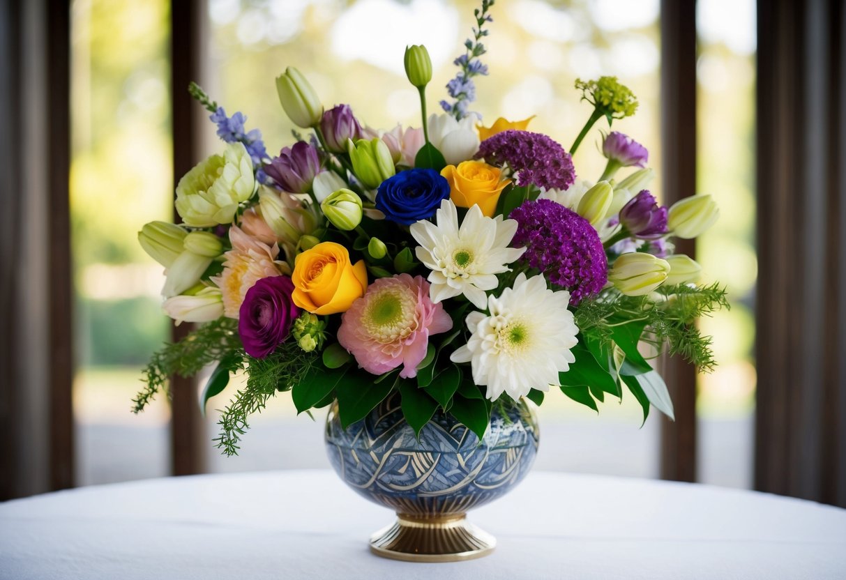A wedding bouquet with a combination of flowers in various shades of the chosen wedding colors, arranged in a decorative vase