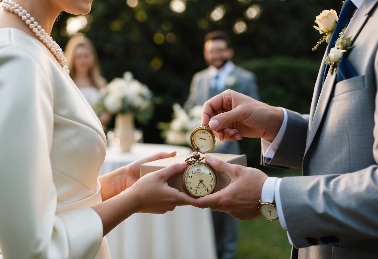 A bride and groom exchange gifts: a delicate pearl necklace and a vintage pocket watch