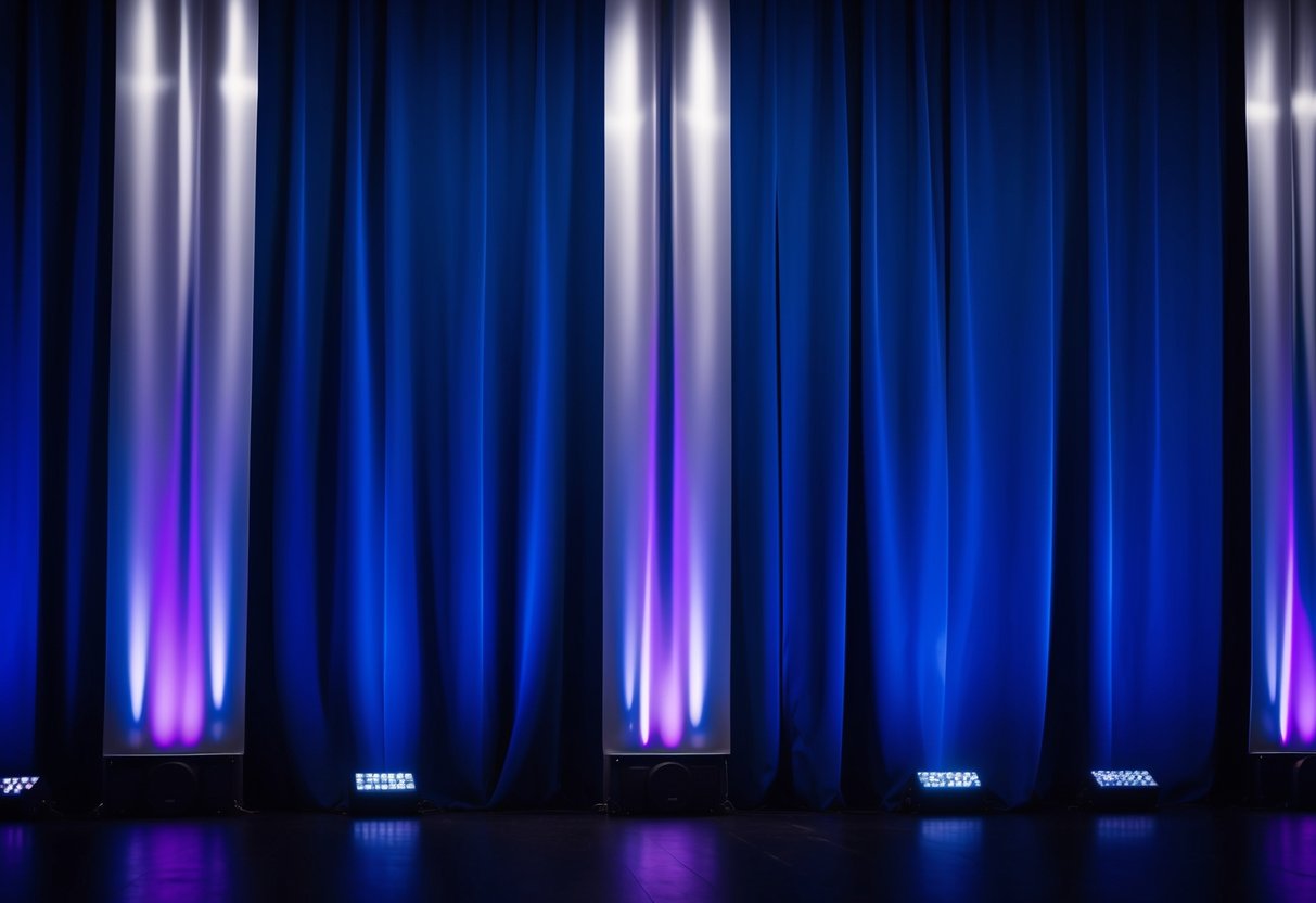 A deep blue stage backdrop with subtle hints of purple and silver accents
