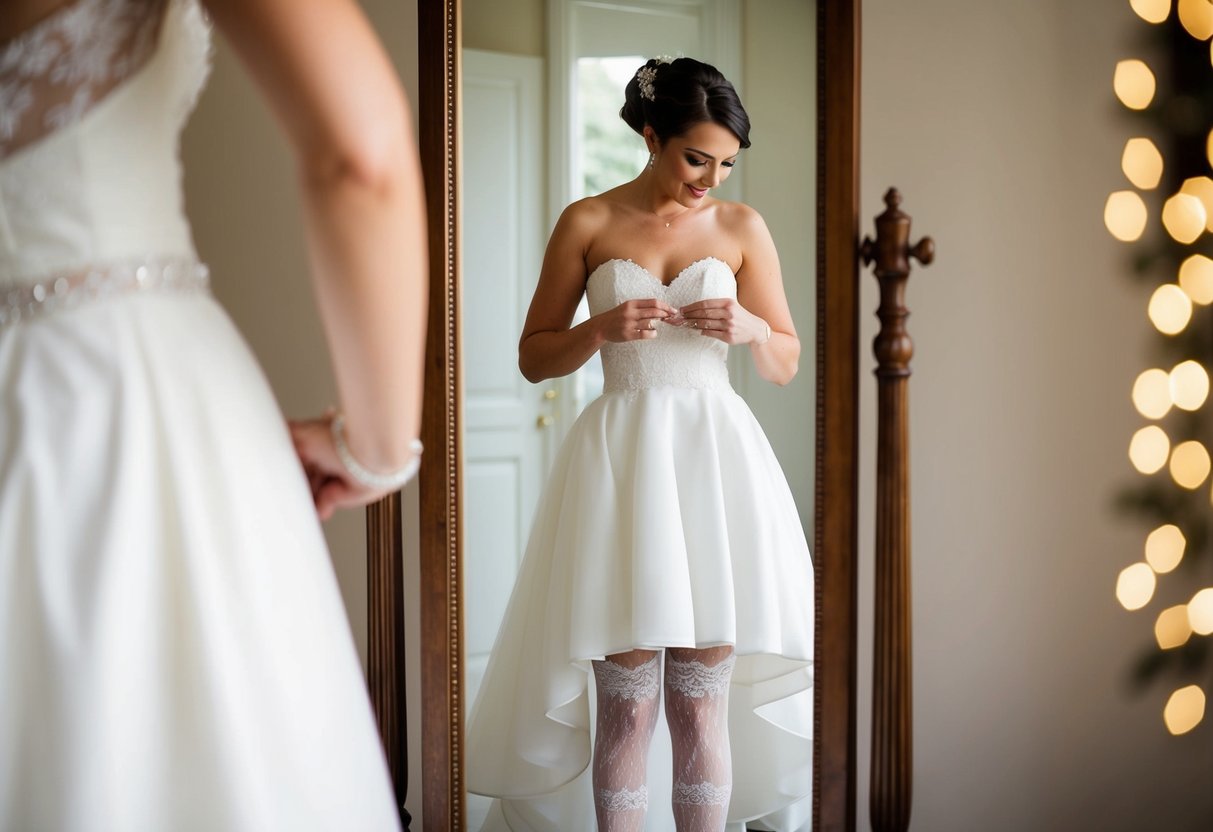 A bride standing in front of a mirror, trying on a pair of delicate lace tights with her wedding dress