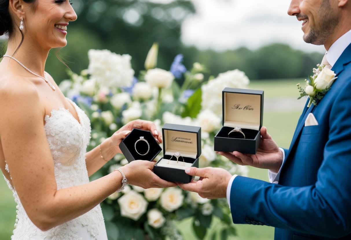 A bride and groom exchange personalized gifts, such as engraved jewelry and custom artwork, to symbolize their love and commitment to each other