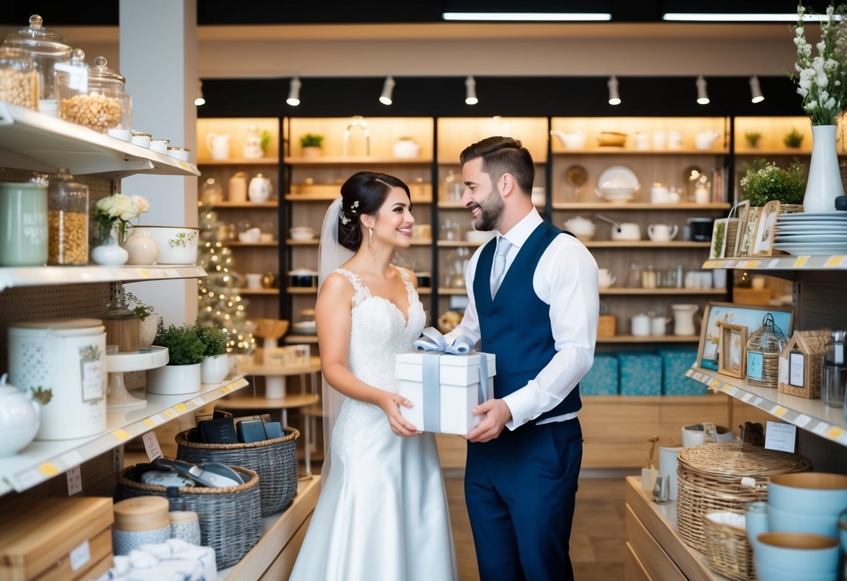 The bride and groom exchange gifts at a store, surrounded by displays of kitchenware, home goods, and wedding decorations