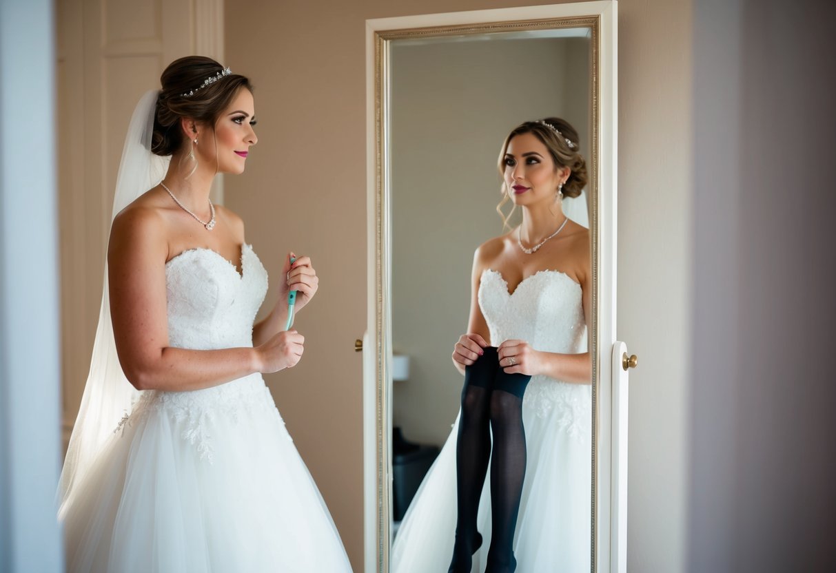 A bride standing in front of a mirror, holding a pair of tights and looking contemplative