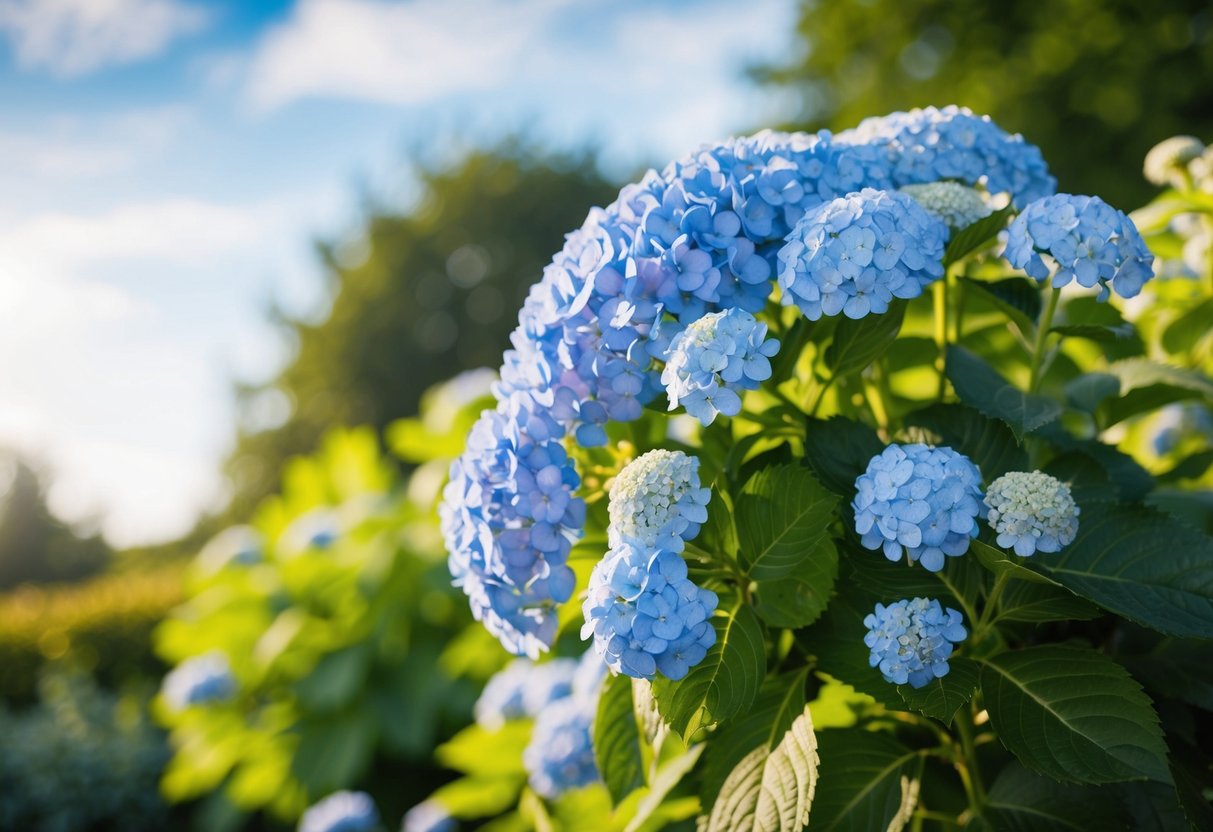 A serene garden with a blue hydrangea bush in full bloom