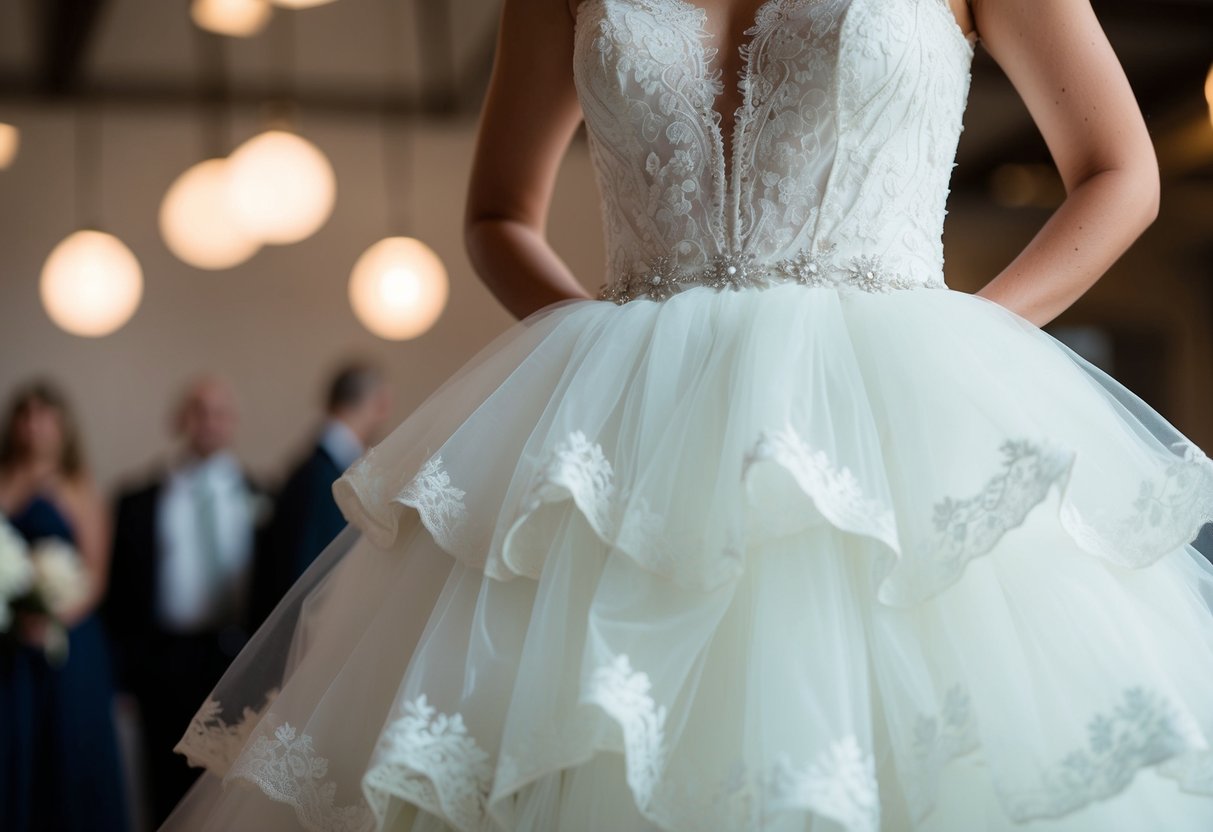 A wedding dress with layers of tulle and lace, gathered at the waist, creating a voluminous and puffy silhouette