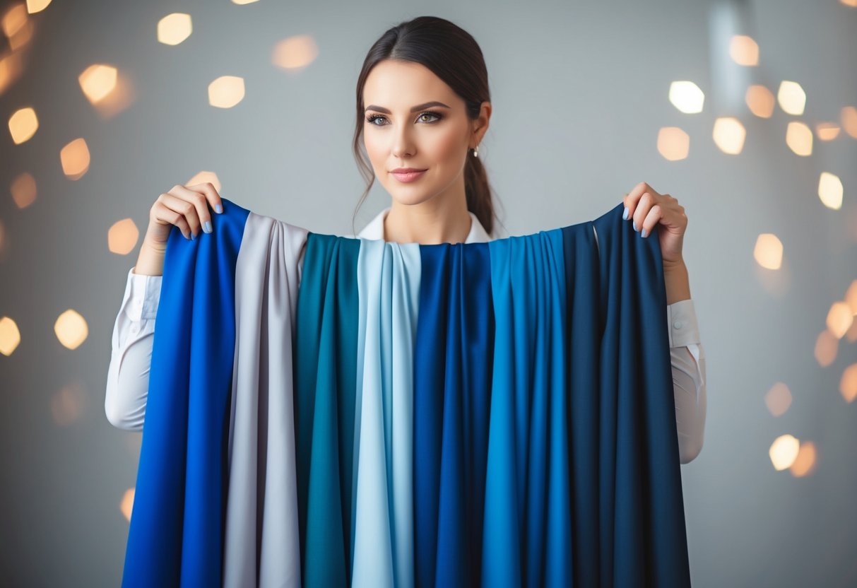 A woman holding up different shades of blue fabric, pondering