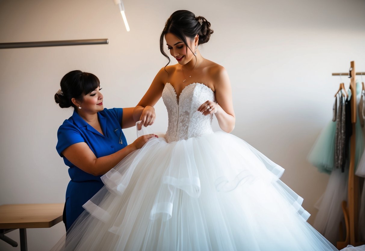 A seamstress adds layers of tulle and crinoline to a wedding dress, creating a voluminous and puffy silhouette