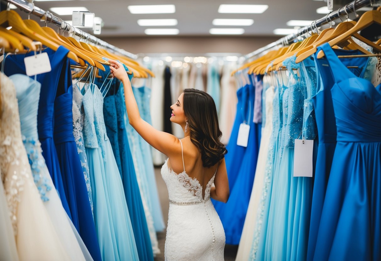 A woman browsing through racks of blue dresses in a crowded bridal store, holding up different options to her reflection in the mirror