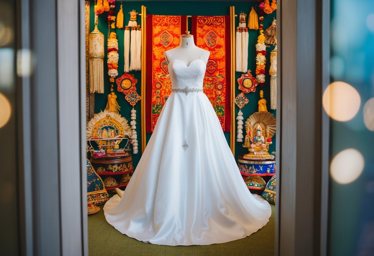 A traditional white wedding dress displayed on a mannequin, surrounded by vibrant cultural artifacts and symbols of purity and new beginnings