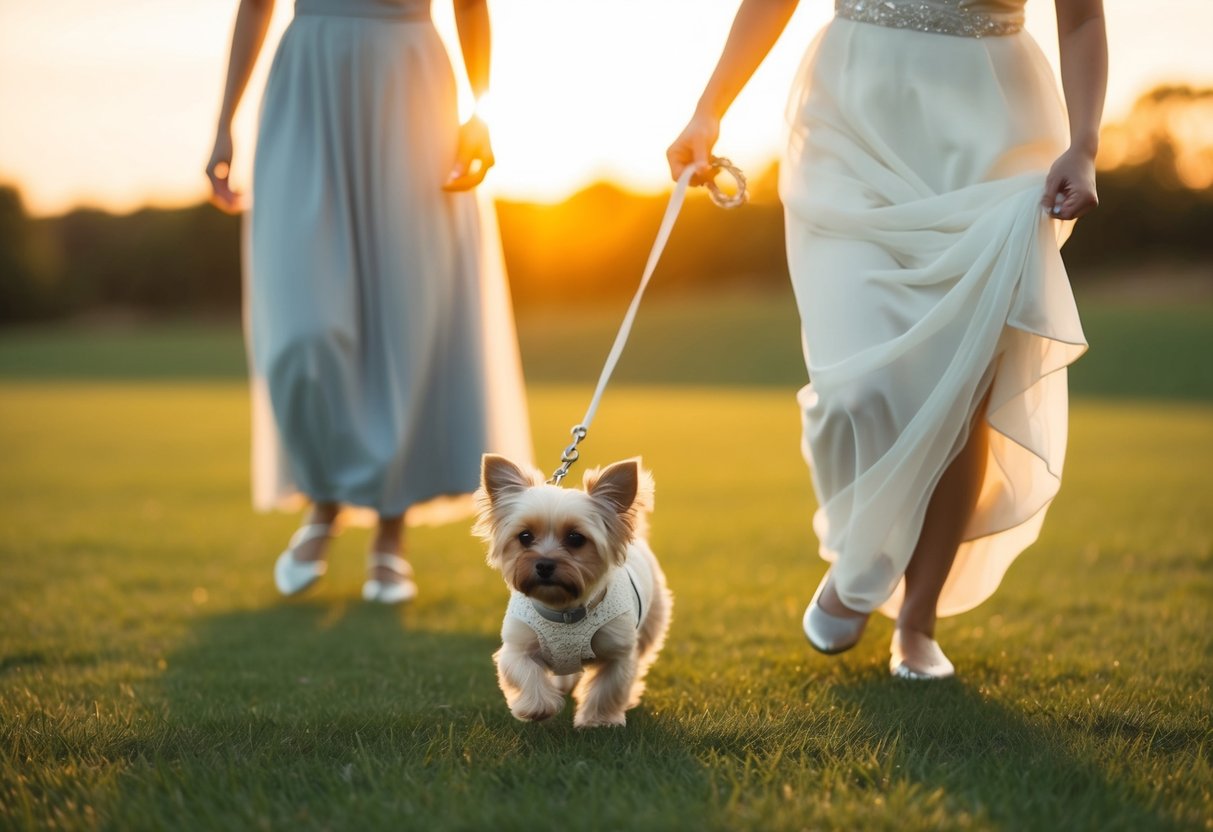 A small dog trots alongside the bridesmaid, its leash held loosely in her hand. The sun sets behind them, casting a warm glow over the scene