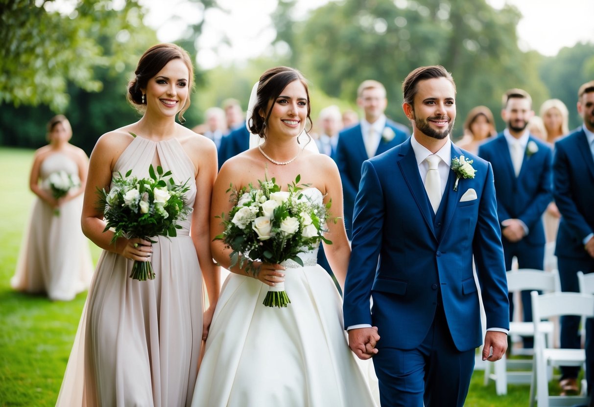 The bridesmaid walks with a groomsman in the wedding processional