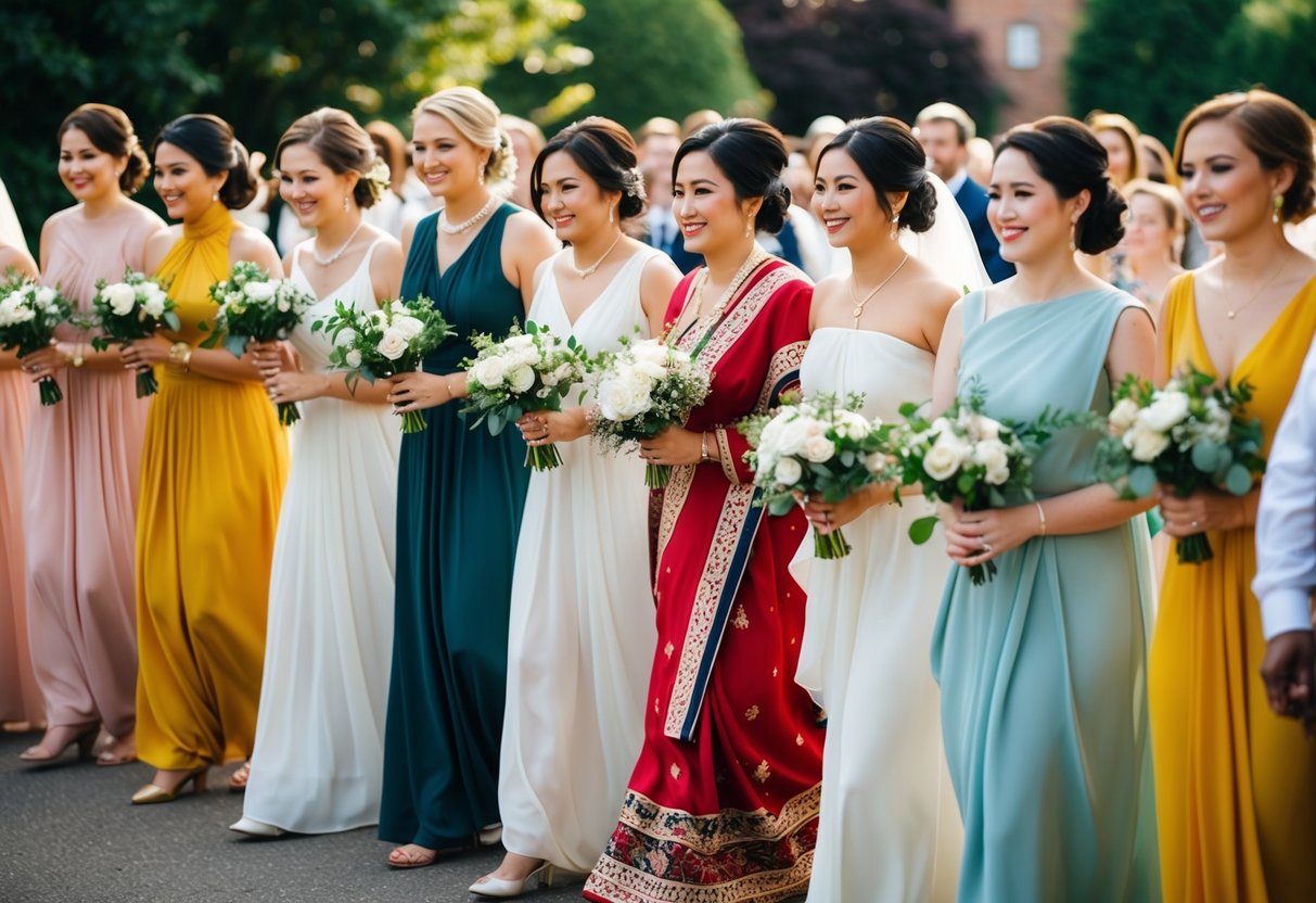 A line of bridesmaids from different cultures walk together in a ceremonial procession
