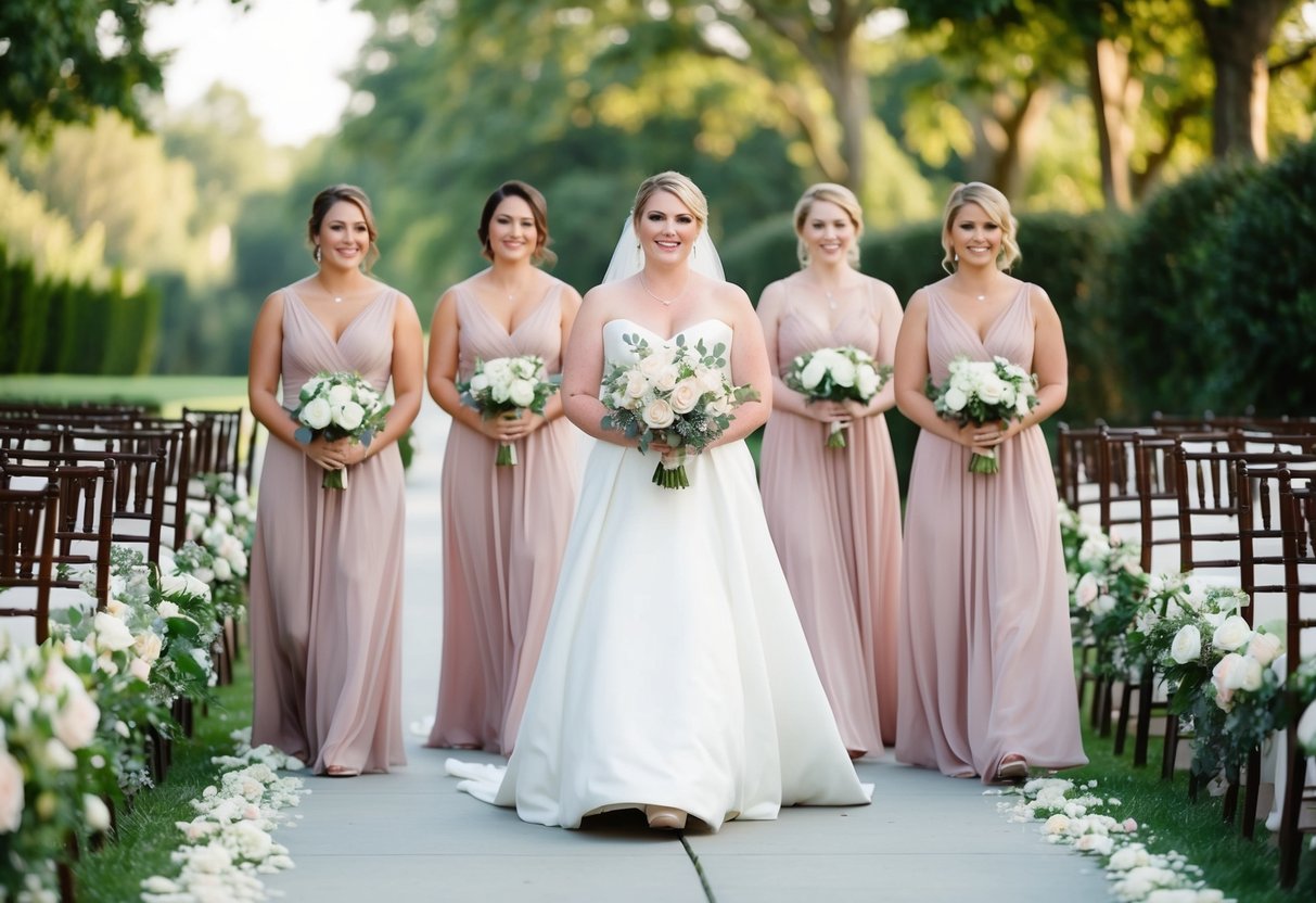 A line of bridesmaids walking down a flower-lined aisle, led by a figure holding a bouquet and wearing a formal attire