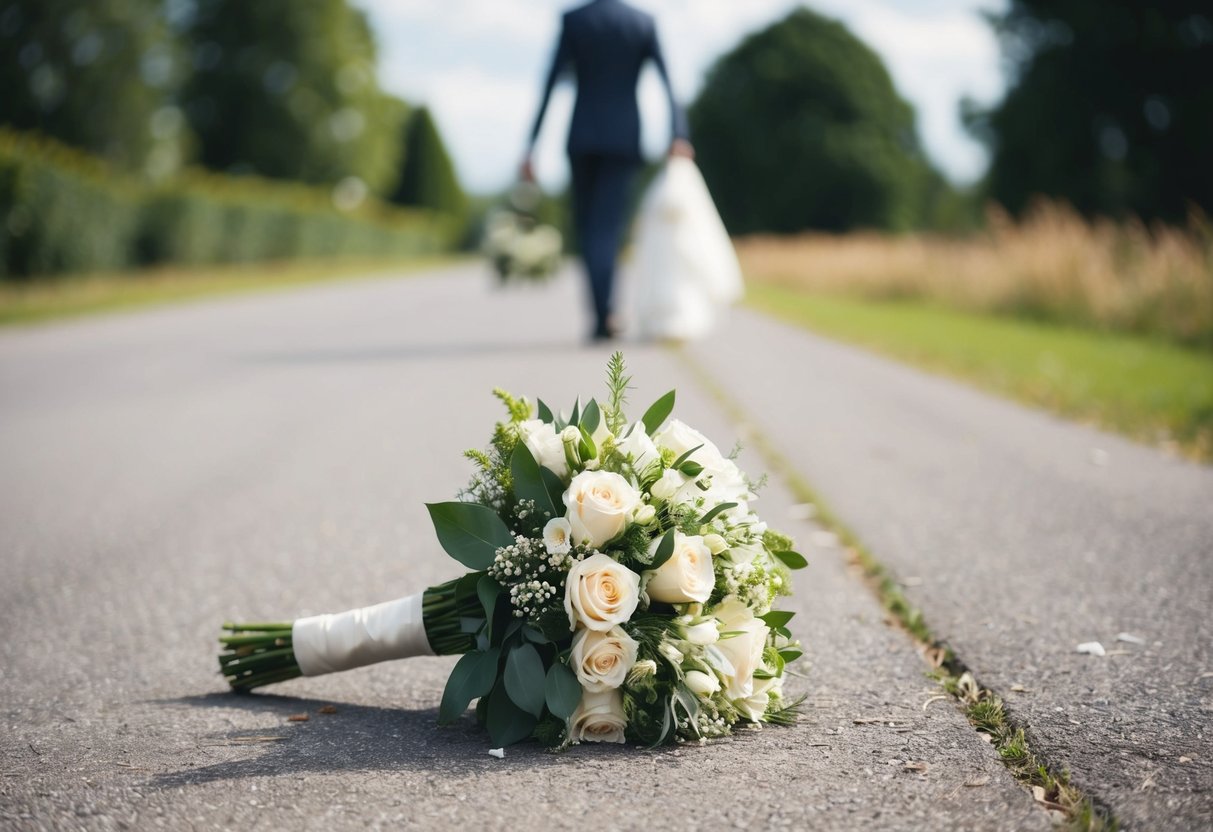 The bride's bouquet lies abandoned on the ground, while a figure in the distance retrieves it