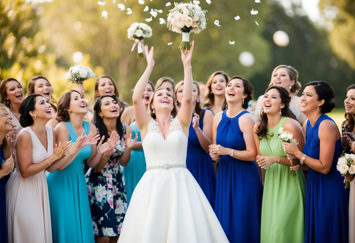 A group of excited women gather around as the bride prepares to toss her bouquet into the air, hoping to catch it and secure good luck