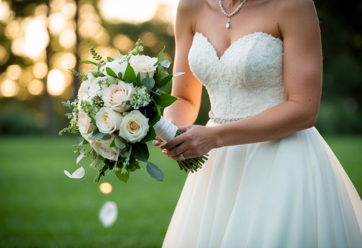The bride reaches out for her bouquet as it falls from her grasp