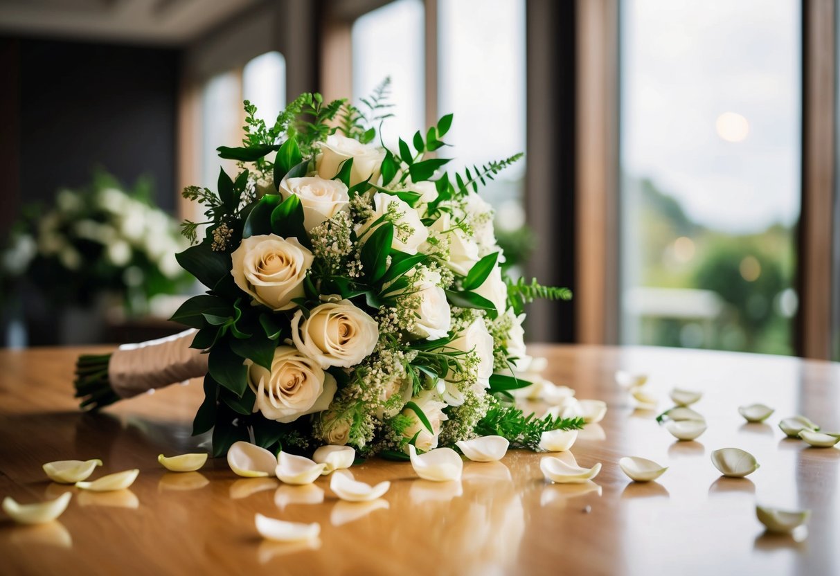 A bride's bouquet resting on a table, surrounded by scattered petals and greenery, as if it has just been set down