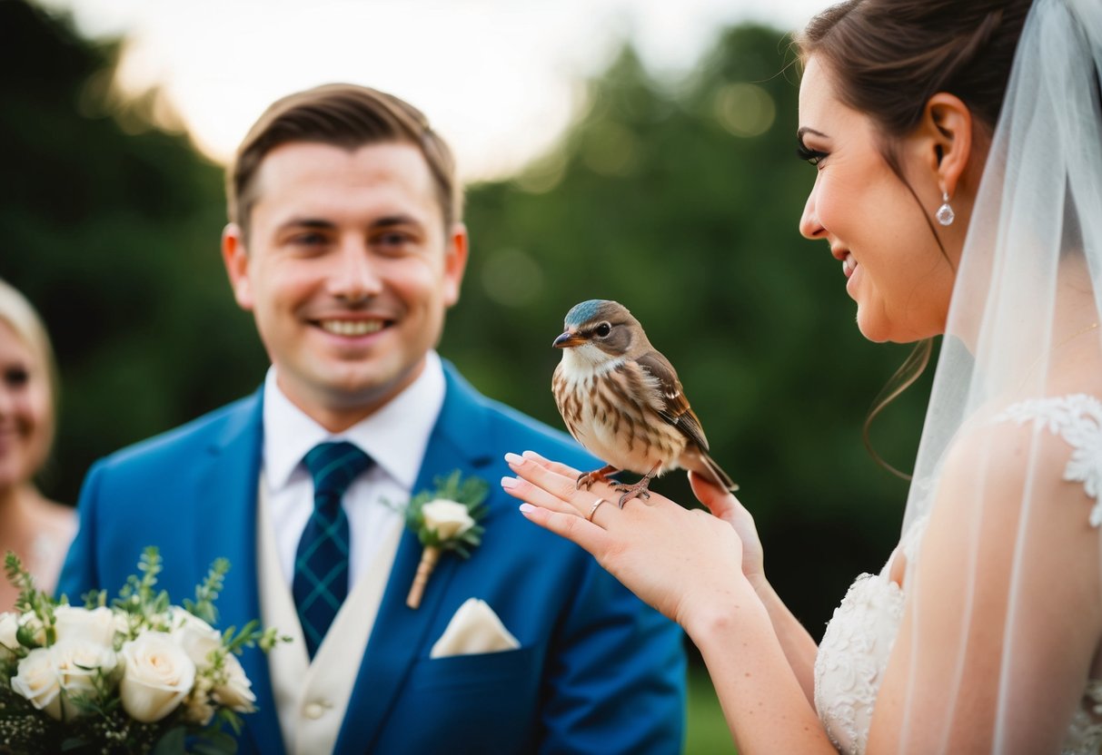 A small bird presents the ring to the bride