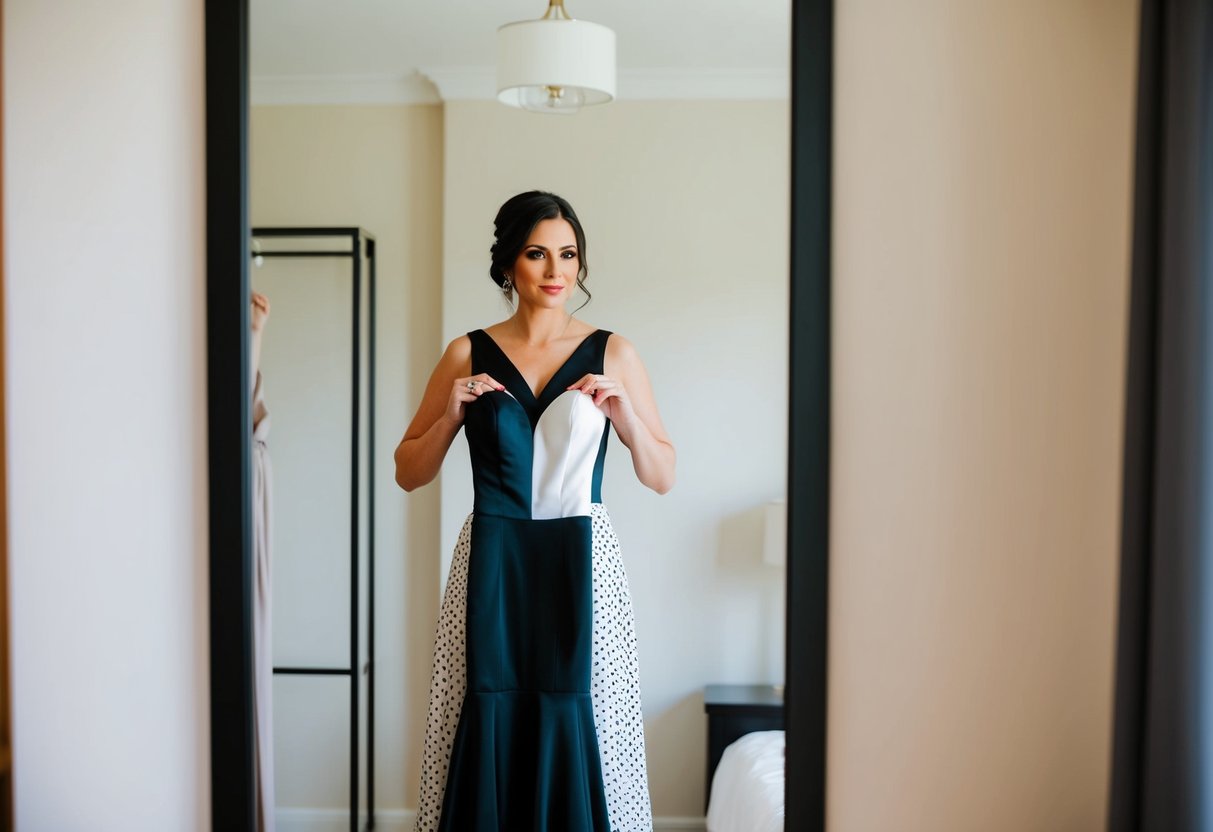 A woman stands in front of a full-length mirror, holding up a black and white dress, contemplating her outfit choice for a wedding