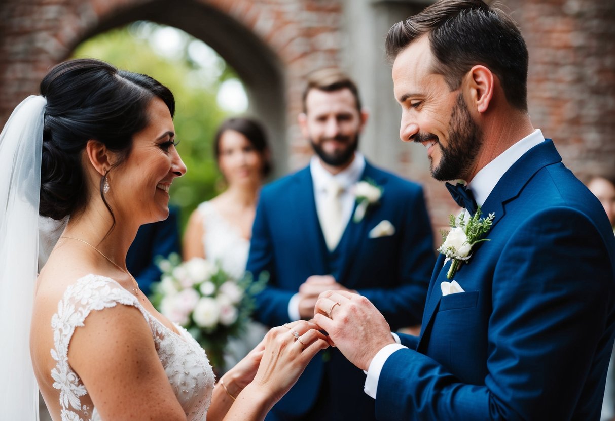 A groom presents a ring to the bride during a wedding ceremony