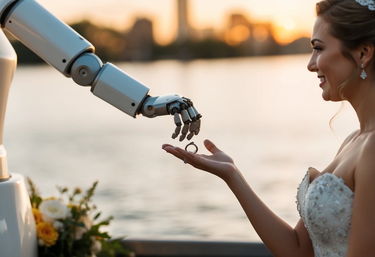 A robotic arm extends the ring to the bride