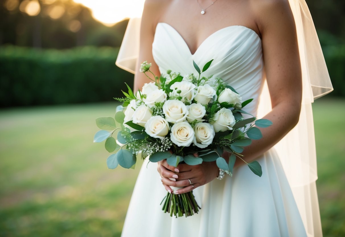 A bride holds a delicate bouquet of white roses and greenery at her wedding