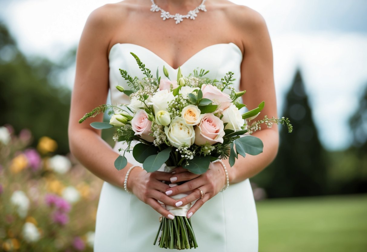 A bride holds a delicate bouquet of flowers at her wedding