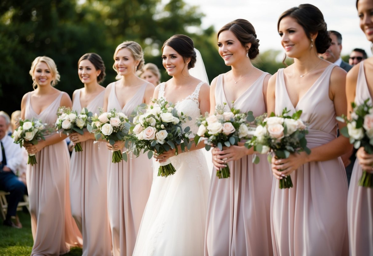 Bridesmaids carry bouquets down the aisle