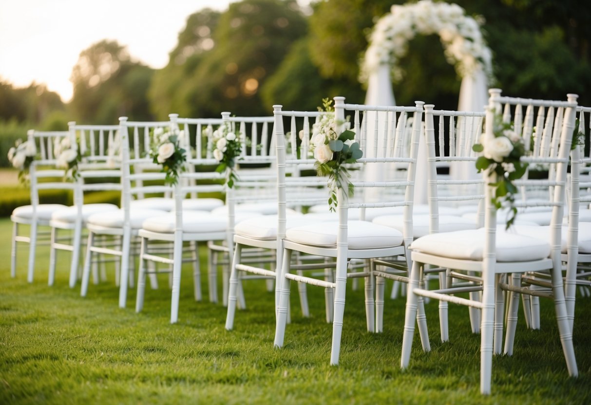 A wedding scene with a row of elegant chairs and a beautifully decorated archway