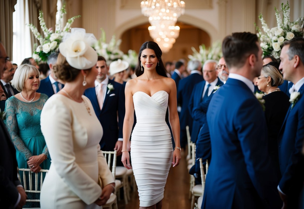 A woman in a fitted dress stands among a crowd at a wedding, surrounded by elegant decor and other guests in formal attire