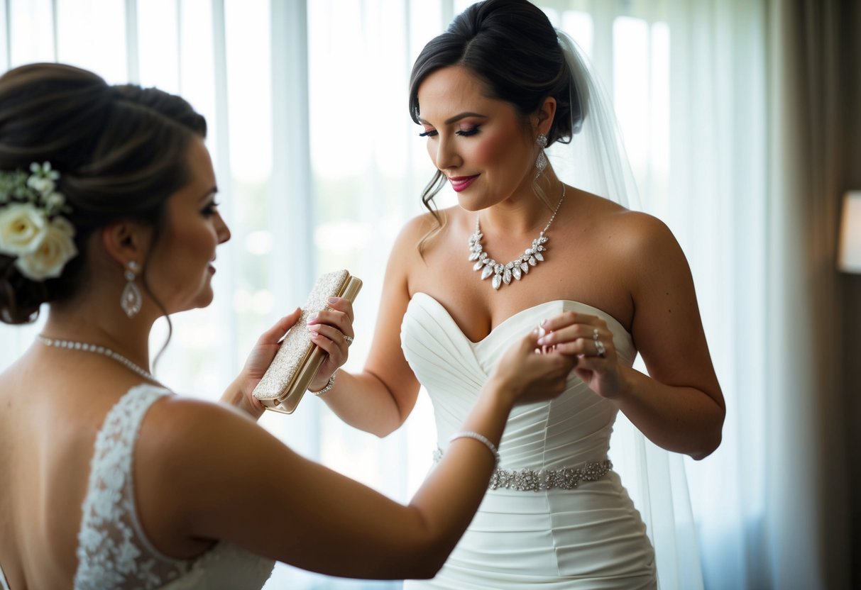 A woman in a fitted dress, adding accessories like a necklace, earrings, and a clutch, getting ready for a wedding