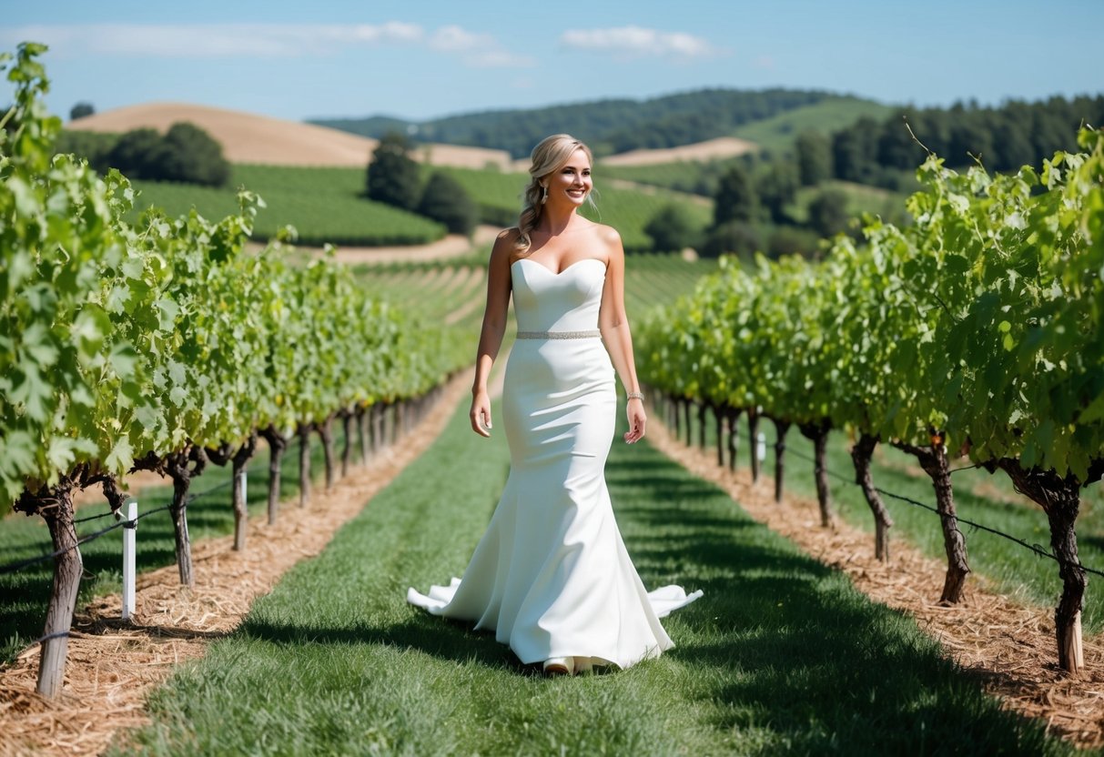 A bride in a fitted dress walks through a vineyard wedding venue, surrounded by lush greenery and rolling hills under a bright, sunny sky