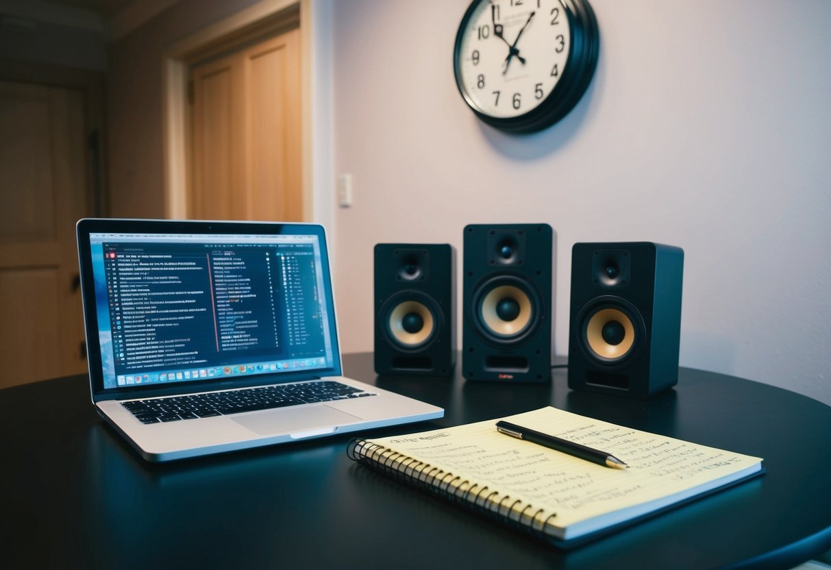 A table with a laptop, speakers, and a notepad filled with song titles. A clock on the wall shows the passing time
