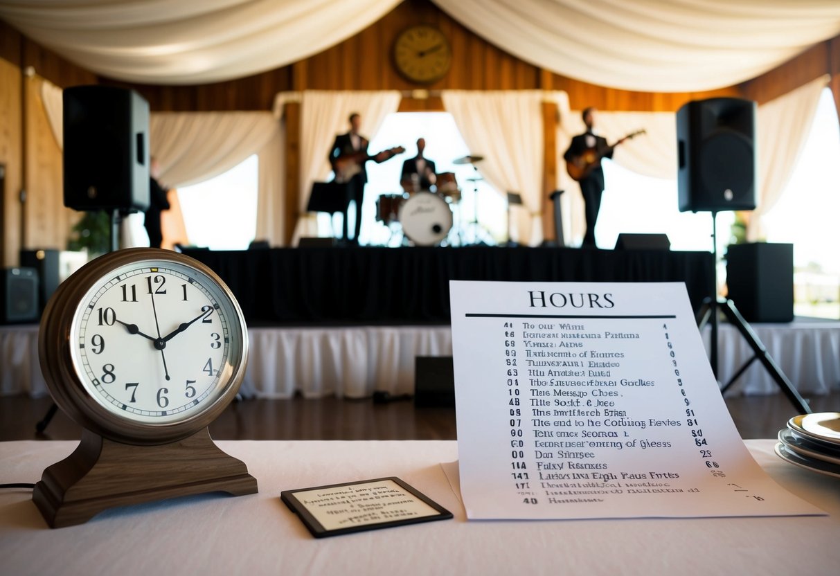 A wedding venue with a stage and musical instruments set up, a clock showing four hours, and a list of song titles on a table
