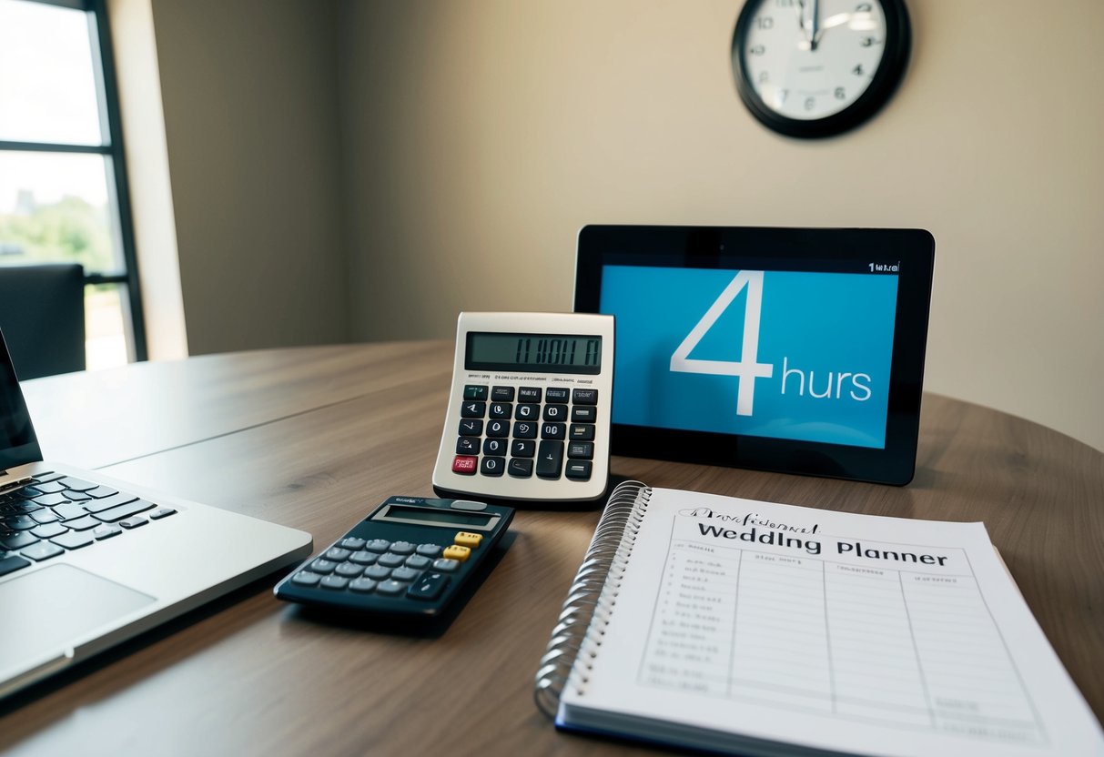 A table with a laptop, calculator, and wedding planner book. A clock on the wall shows 4 hours