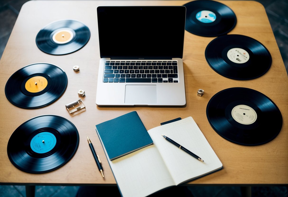 A table with a laptop, notebook, and pen surrounded by scattered vinyl records and a vintage record player