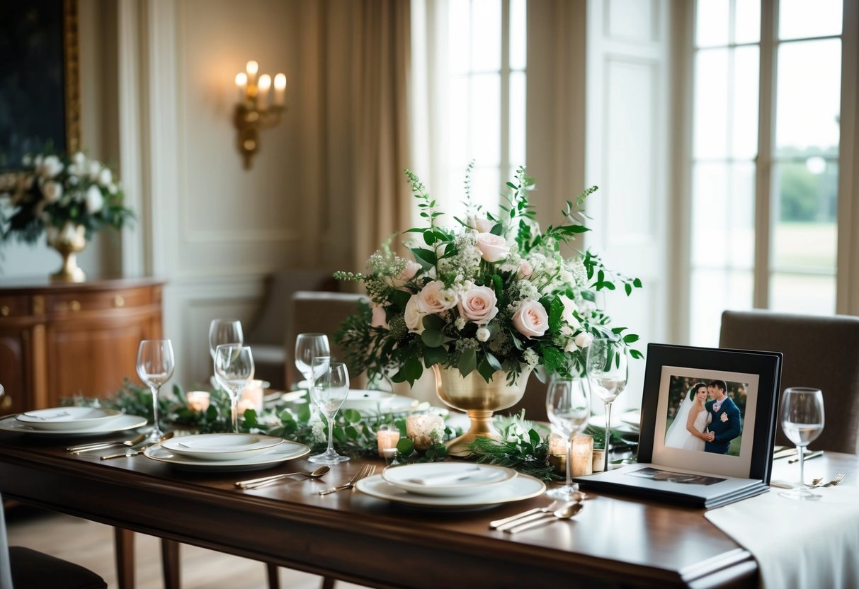 A table set with elegant dinnerware, a floral centerpiece, and a wedding photo album displayed on a sideboard