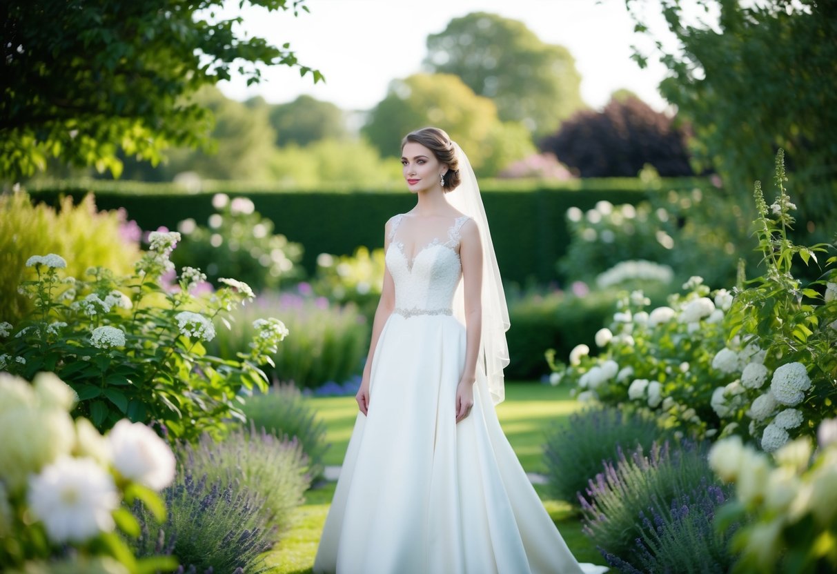 A timeless bride stands in a garden, surrounded by blooming flowers and lush greenery. She exudes elegance and grace, with a serene and radiant presence