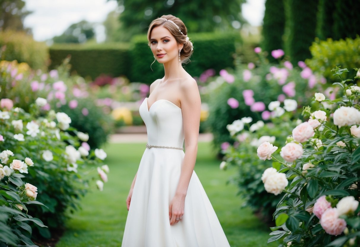A bride standing in a garden, surrounded by blooming flowers and lush greenery. She exudes elegance and grace, with a classic, understated beauty