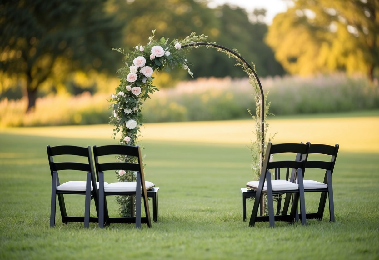A simple outdoor setting with a small arch, a few chairs, and some flowers